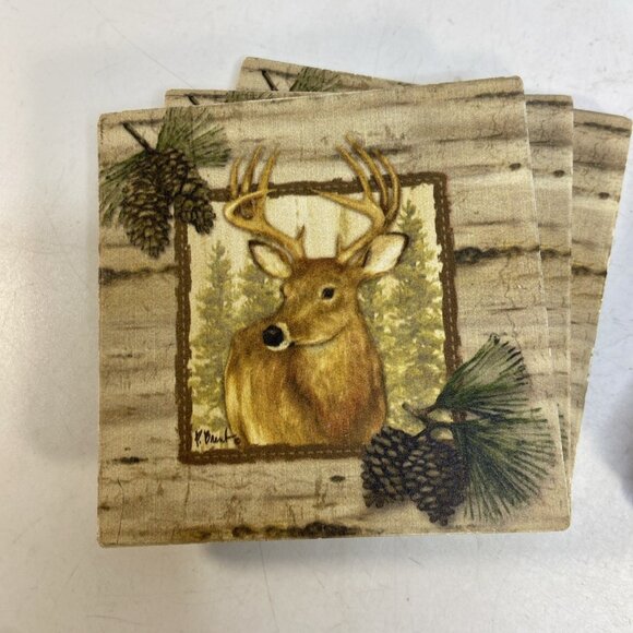 Buck Deer Antlers Coasters Set of 7 Ceramic Wildlife Hunting Lodge Cabin Cork - Picture 2 of 7